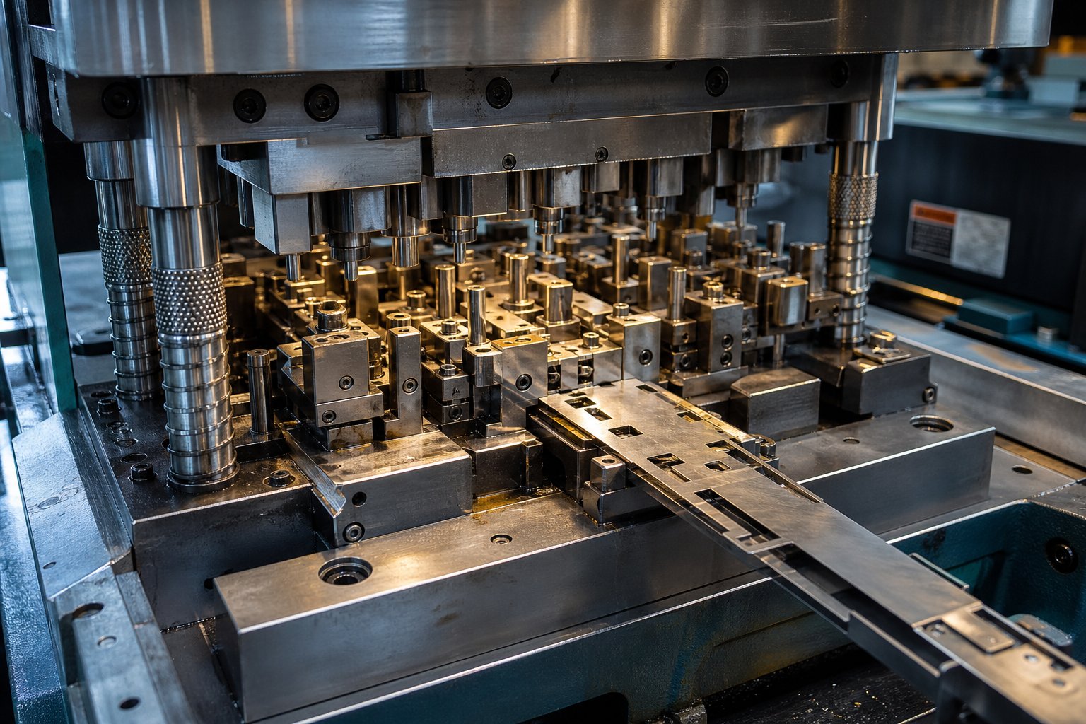multi station progressive stamping die with precision machined inserts engineered for high volume metal part production