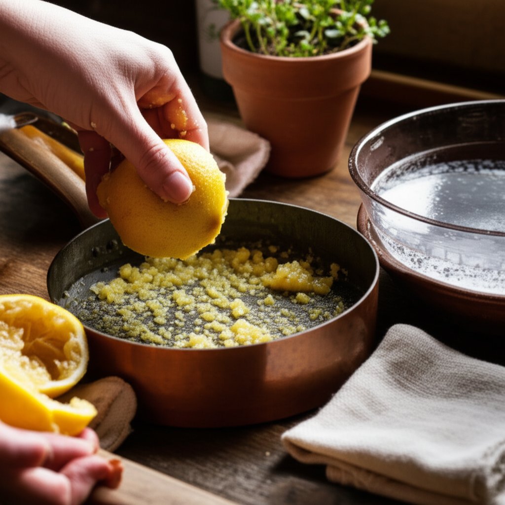 applying diy lemon salt paste to a copper pan for targeted cleaning