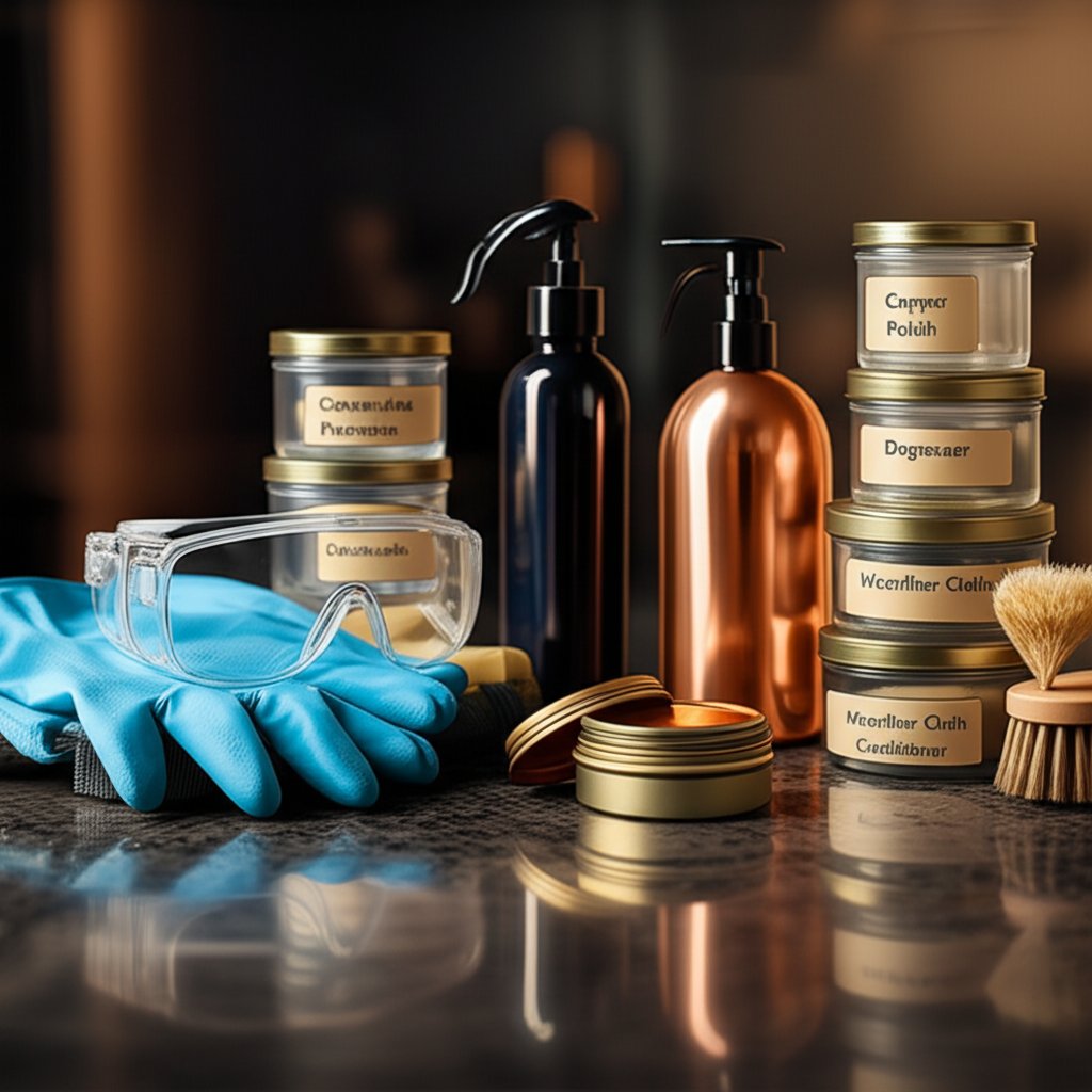 organized copper cleaning workspace with essential safety gear and tools