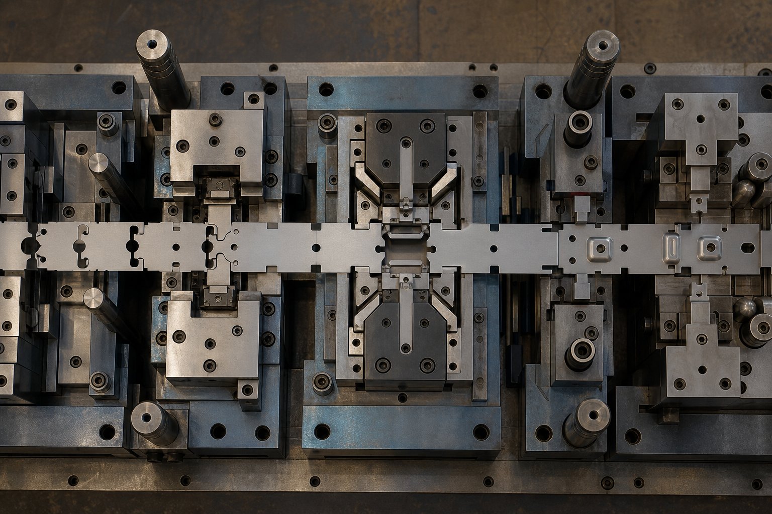info-1-1 strip layout showing bypass notch placement at stations preceding forming operations in a progressive die