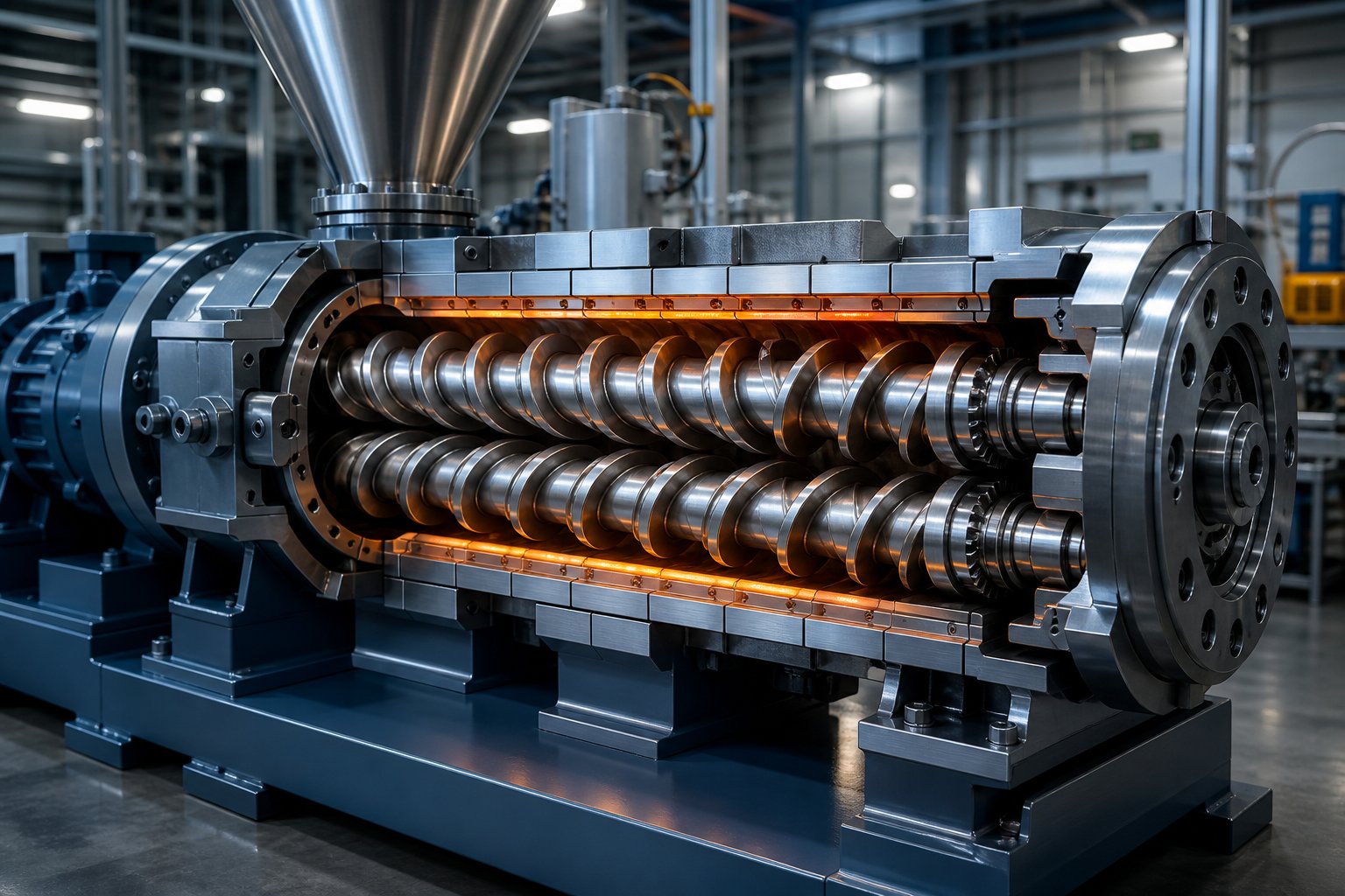 counter rotating twin screw extruder with intermeshing flights forming sealed chambers for positive displacement conveying