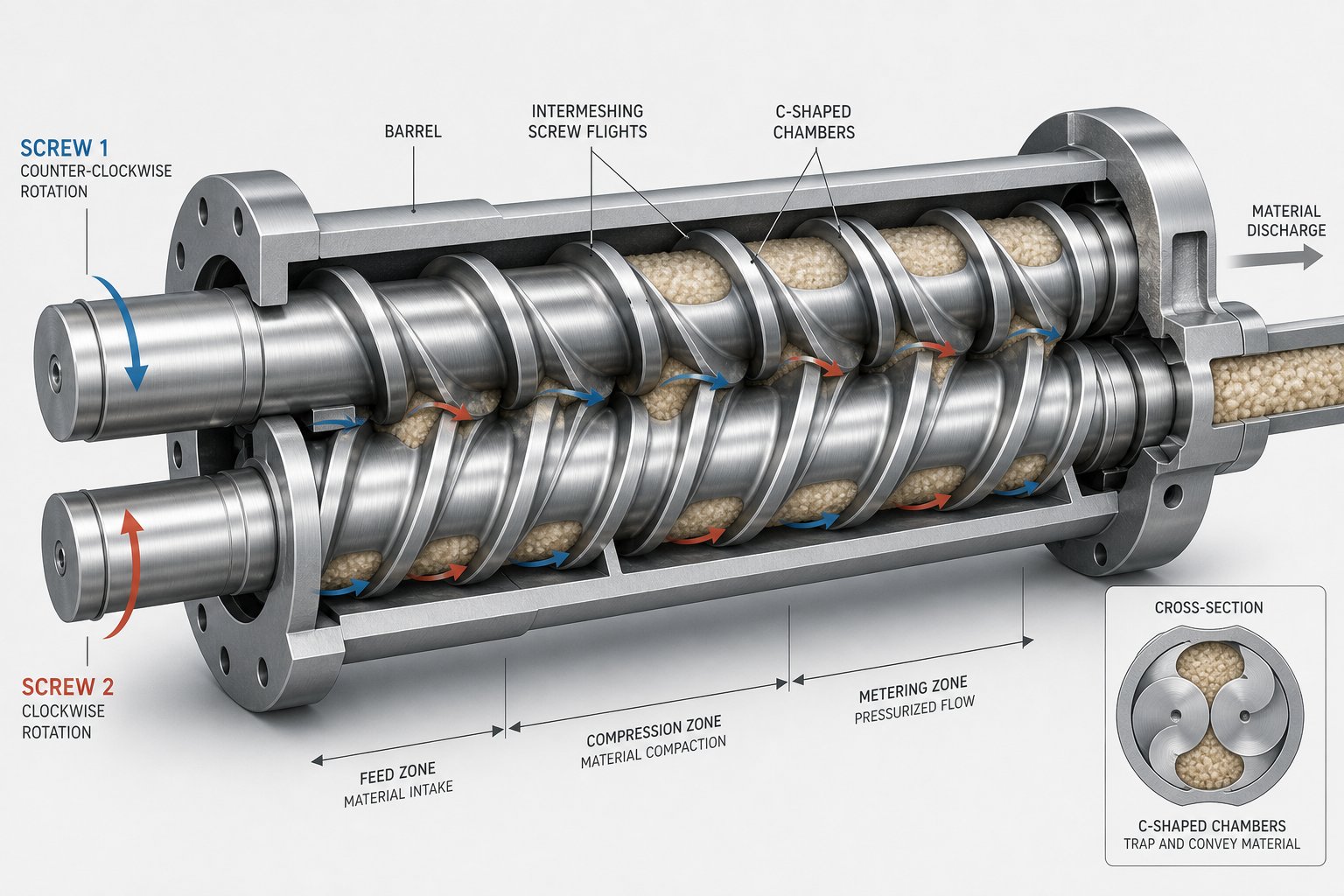 intermeshing screw flights create sealed c shaped chambers that physically transport material through positive displacement
