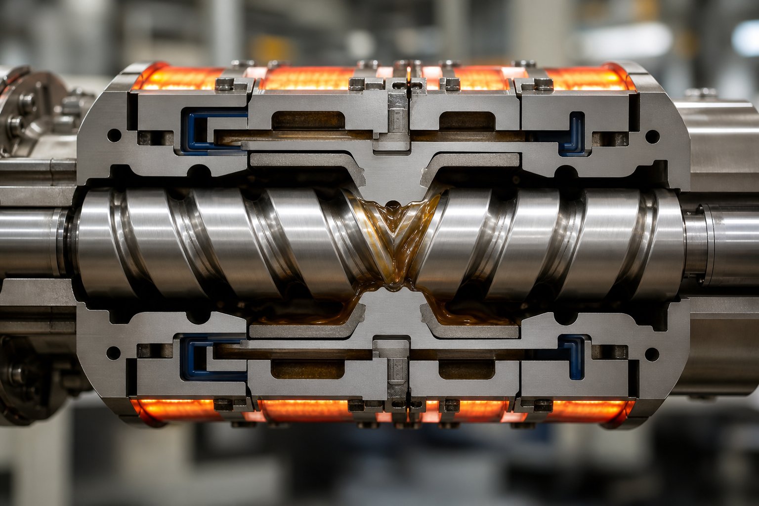 low shear processing in counter rotating extruders allows barrel heating zones to precisely control melt temperature