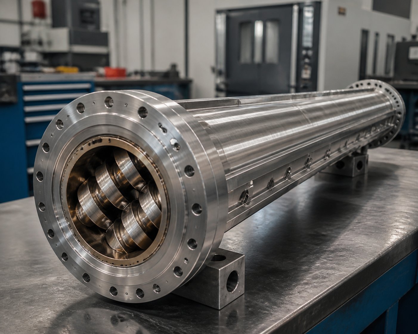 precision engineered conical twin screw barrel maintaining tight tolerances for optimal positive displacement and energy efficiency