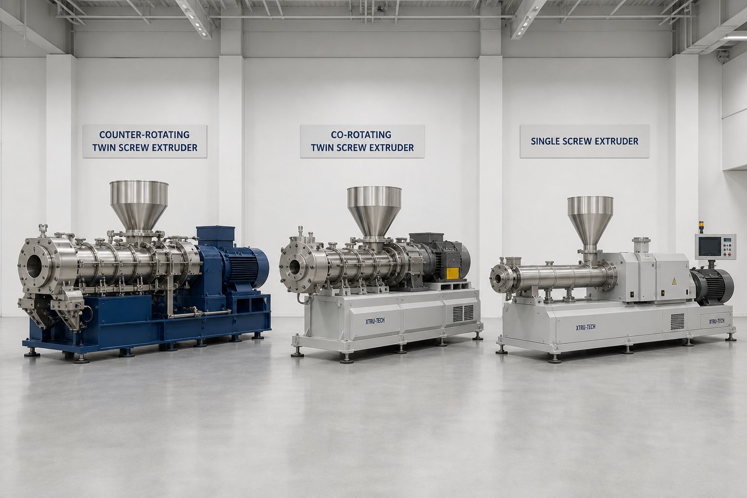 side by side view of counter rotating twin screw co rotating twin screw and single screw extruder configurations