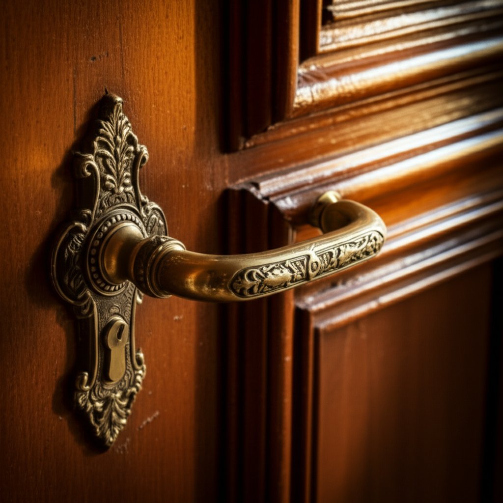 victorian inspired antique brass lever handle on a period style door