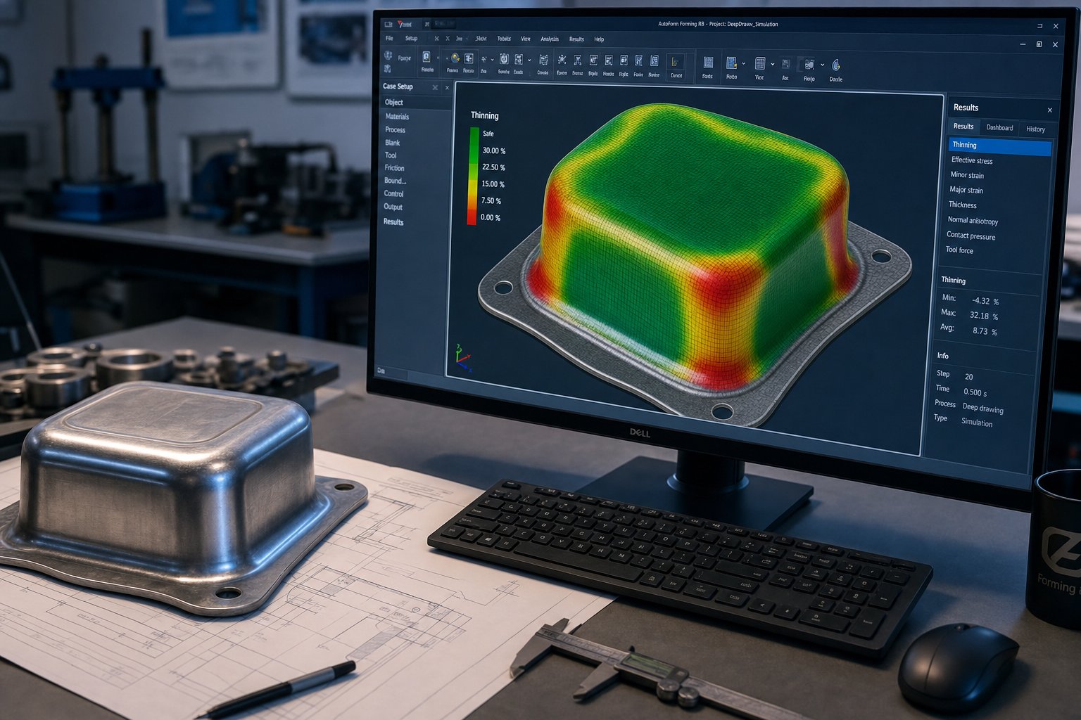 forming simulation software analyzing thinning and stress distribution across a multi station transfer die sequence