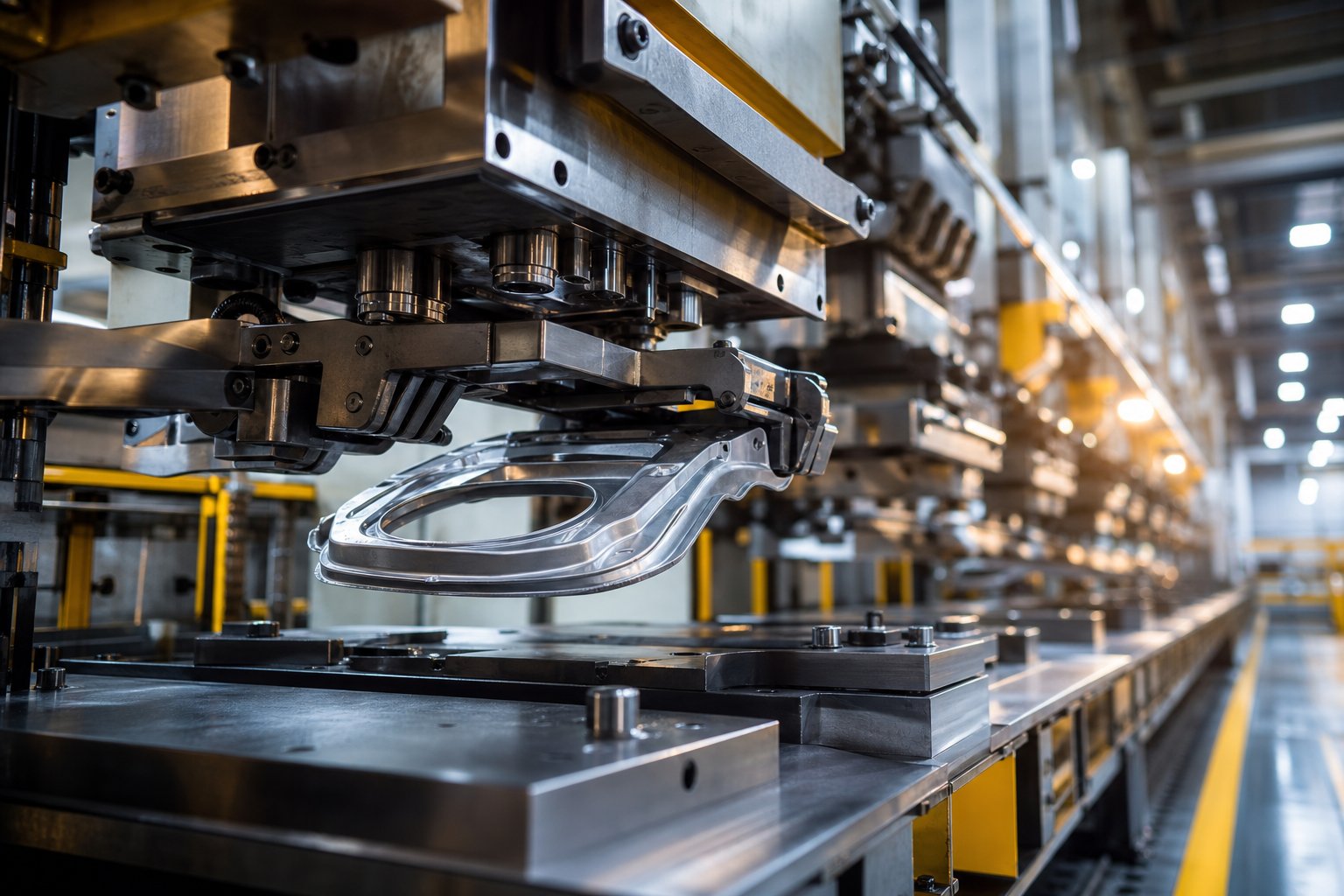 transfer die stamping line with mechanical transfer system moving formed blanks between independent die stations