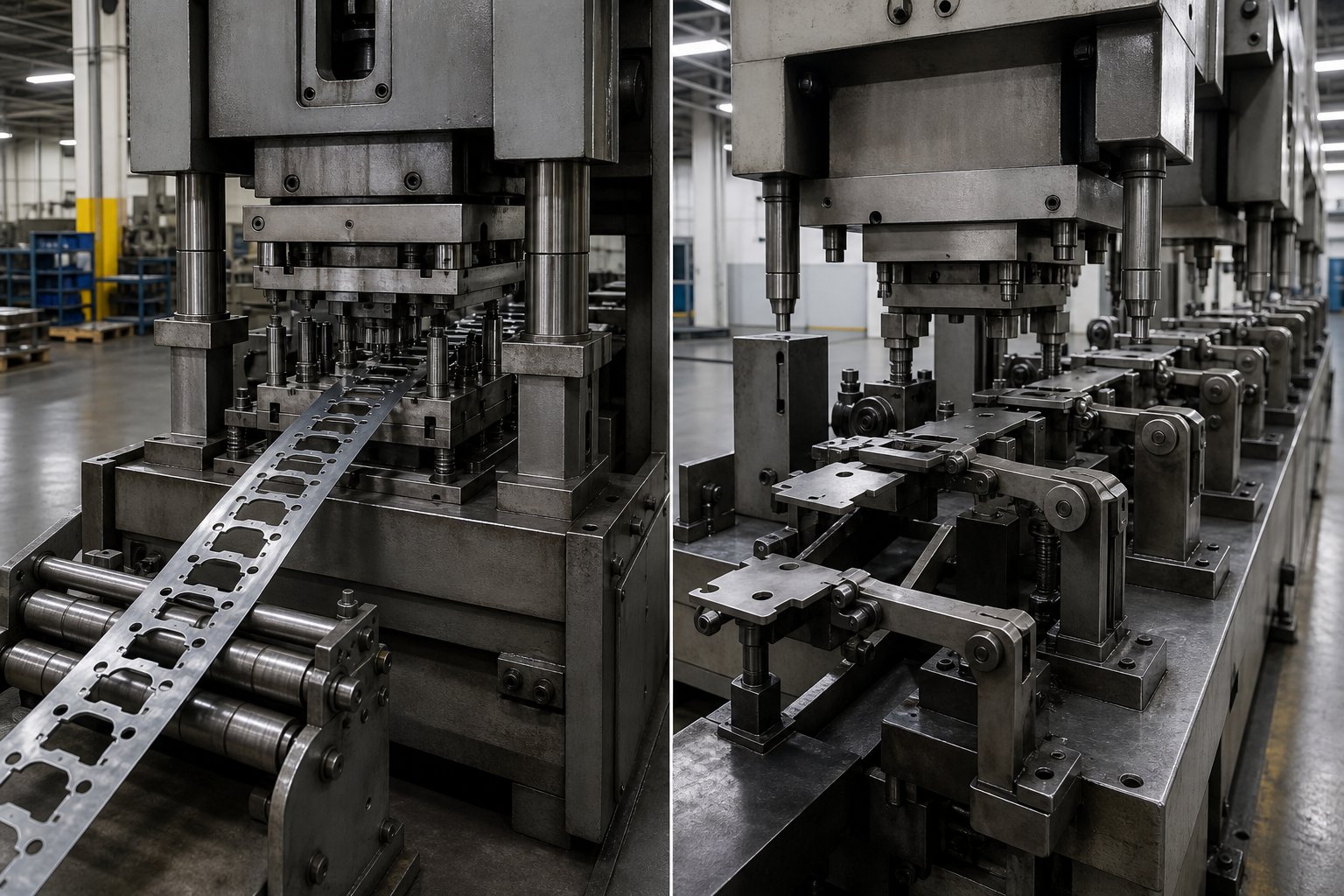 visual comparison of progressive die stamping with strip fed parts versus transfer die stamping with free standing blanks