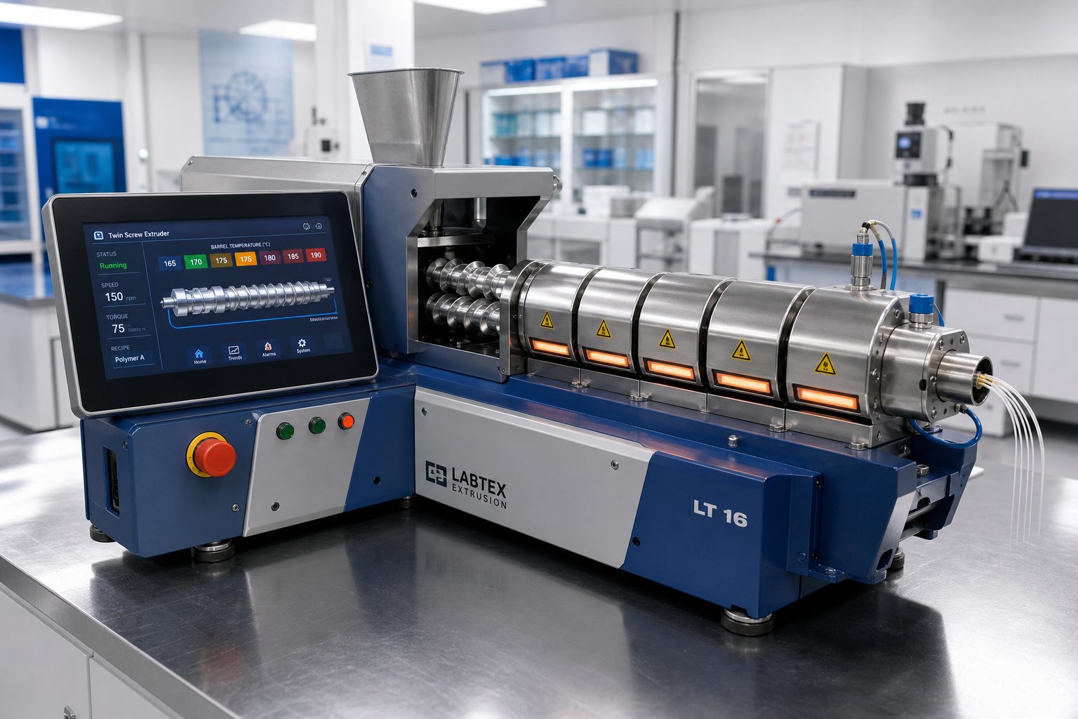 a lab twin screw extruder designed for r&d formulation testing and small batch processing in research environments