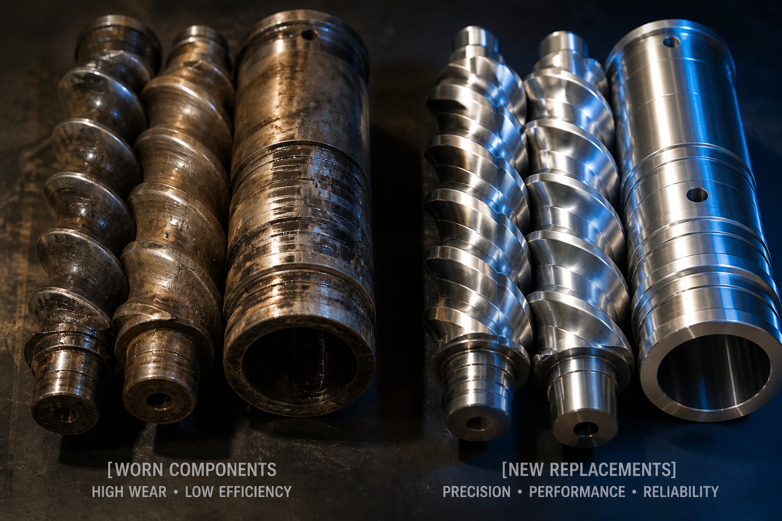 comparison of worn and new screw elements highlighting the importance of proper metallurgy selection for lab extruder longevity