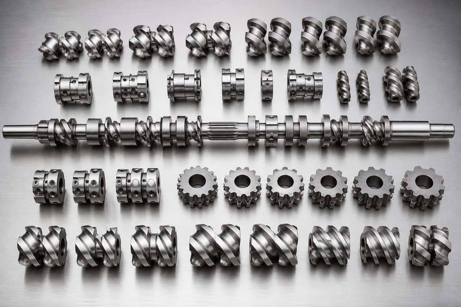 modular screw elements including conveying kneading and mixing types arranged for rapid r&d configuration changes