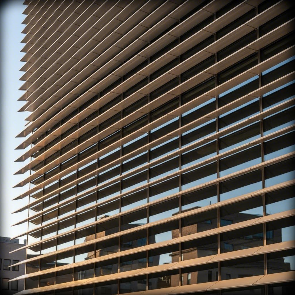 aluminum airfoil louvers providing solar shading on modern building facade