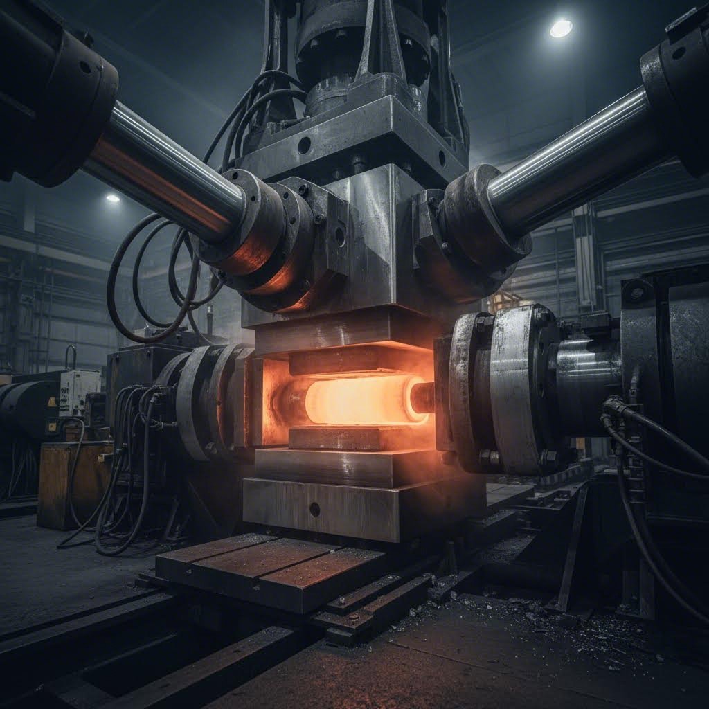 aluminum extrusion press forcing heated billet through a shaped die