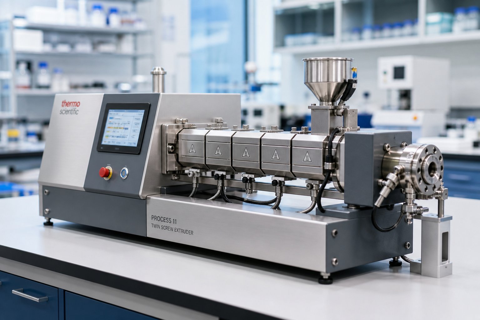 a modular laboratory twin screw extruder configured for continuous small batch research processing