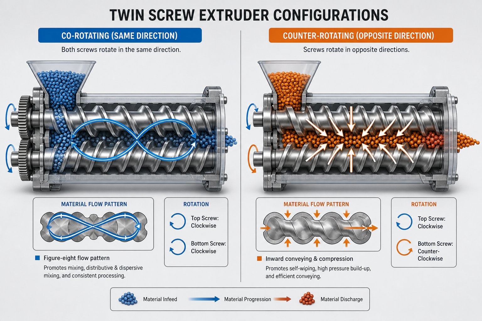 co rotating vs counter rotating twin screw configurations showing material flow patterns