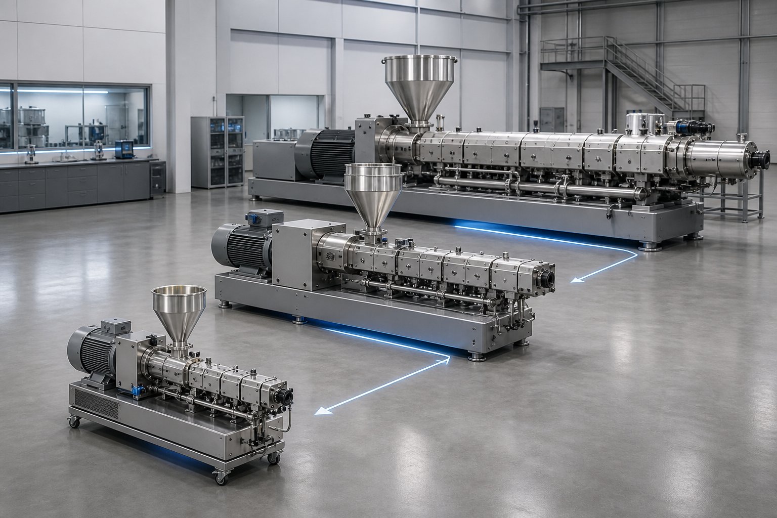scale up progression from lab scale to pilot and production twin screw extruders