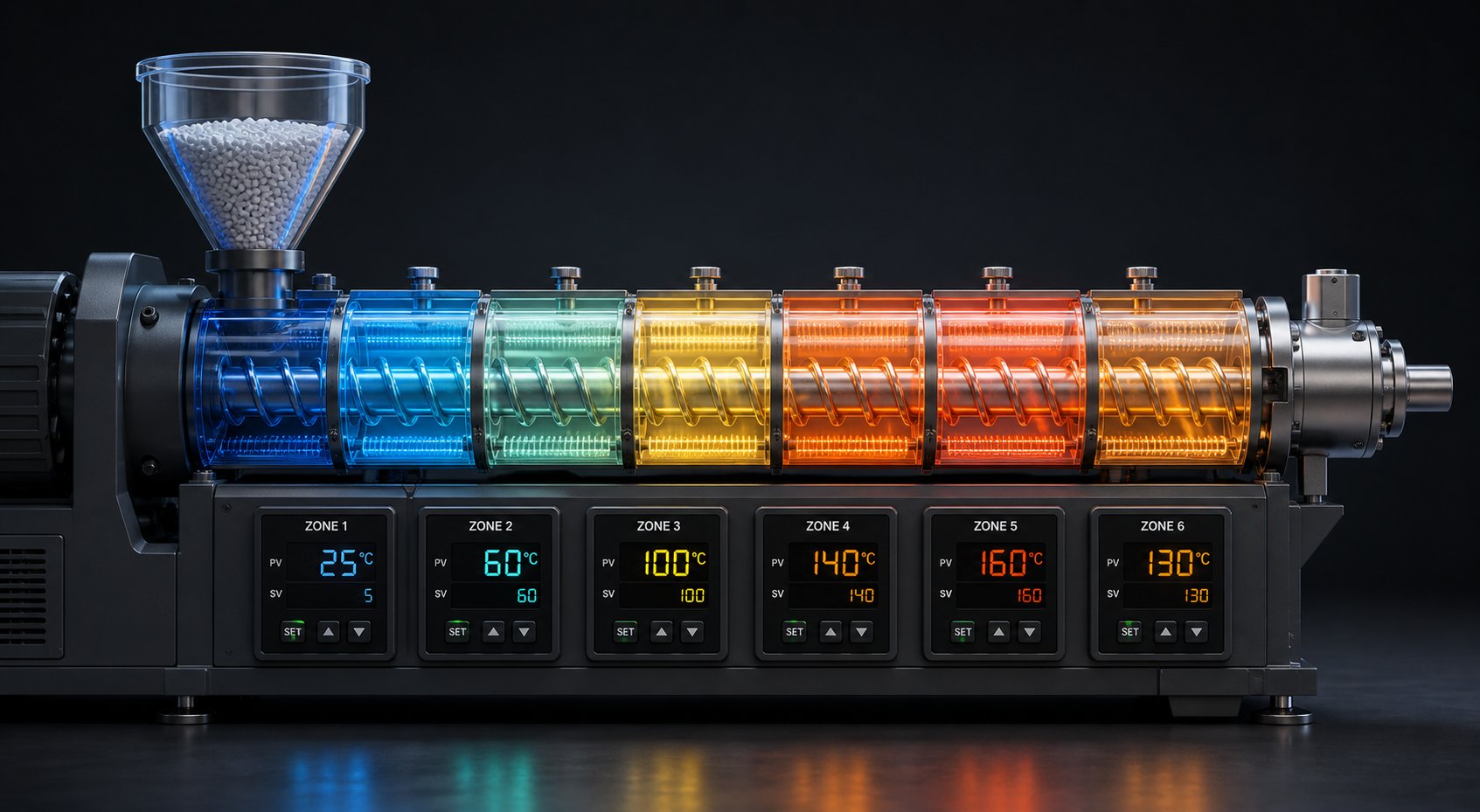 segmented barrel zones with independent temperature control on a lab twin screw extruder