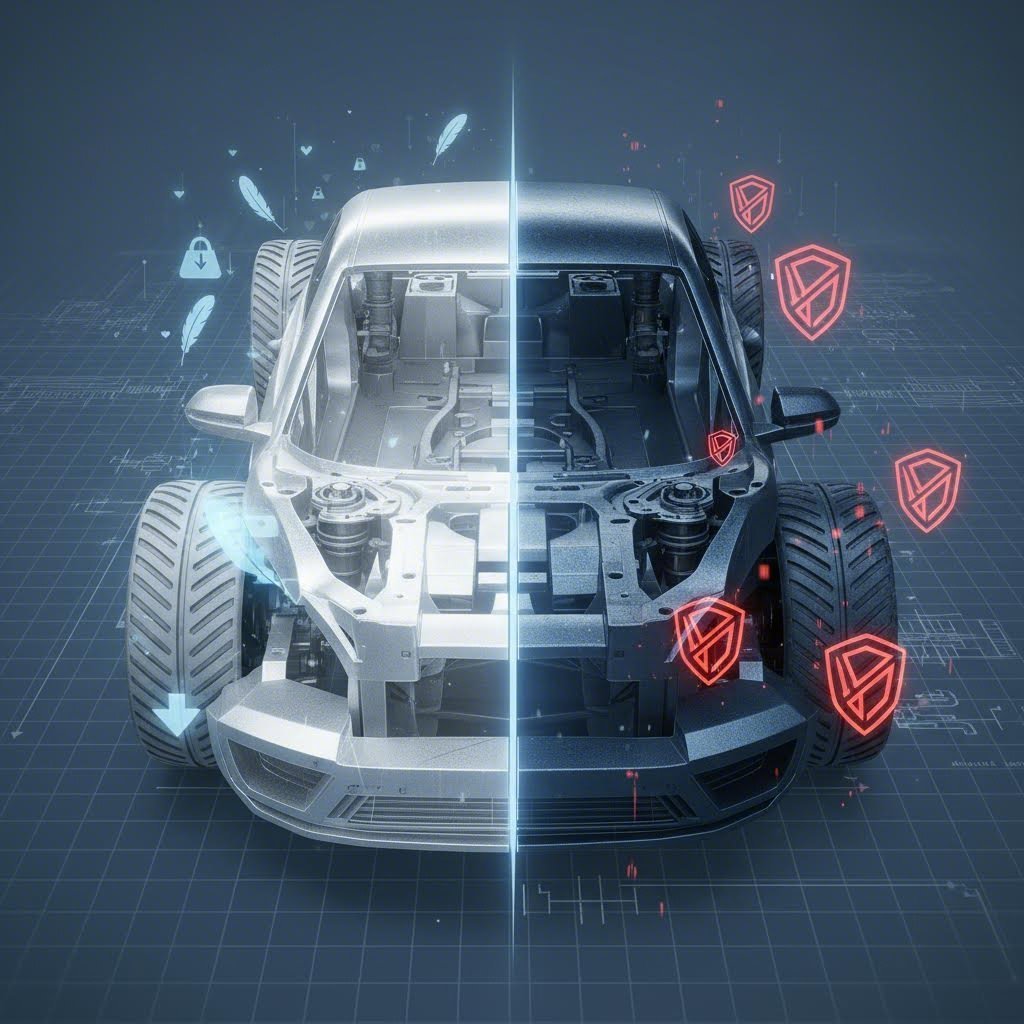 Comparative technical illustration of aluminum versus steel automotive chassis structures