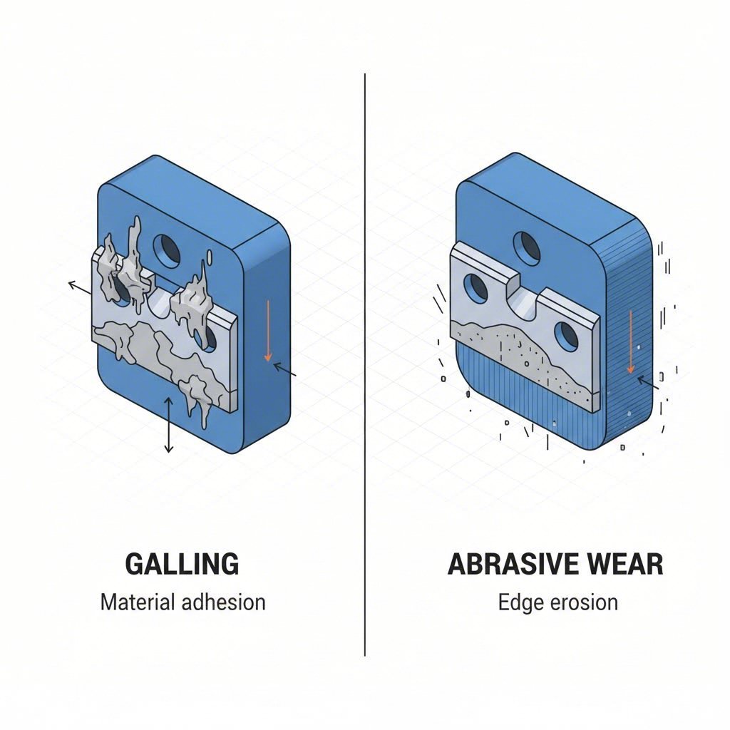 Visual comparison of galling in aluminum dies versus abrasive wear in steel tooling