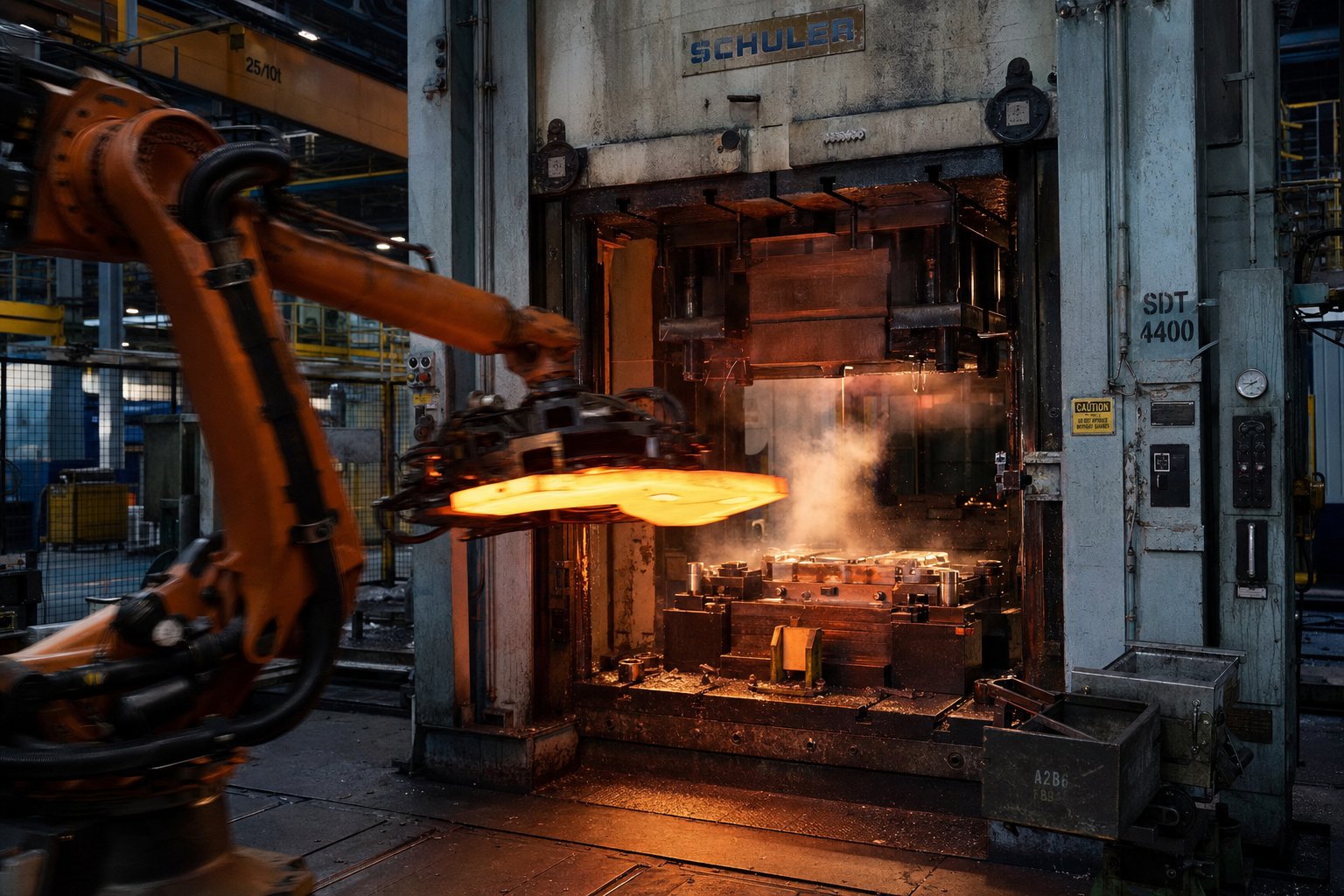 info-1-1 a heated steel blank transfers from furnace to press die during the hot stamping forming cycle