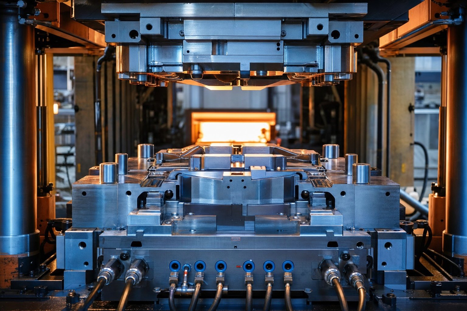 info-1-1 precision engineered hot stamping die installed in a hydraulic press showing polished forming surfaces and cooling channel connections