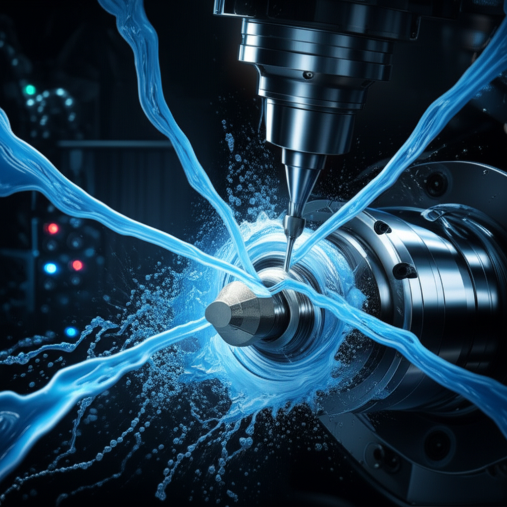artistic representation of a high pressure coolant system protecting a cutting tool