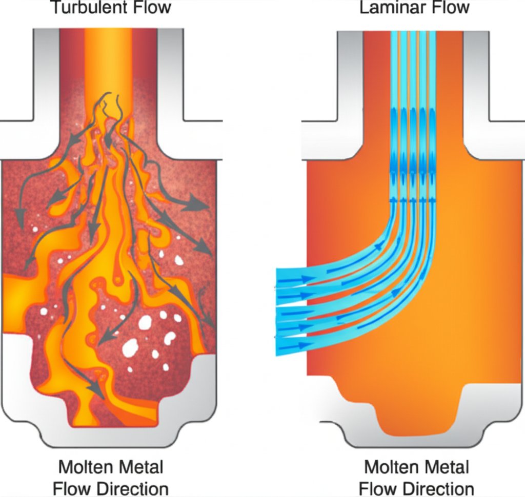 diagram comparing turbulent and laminar molten metal flow in die casting