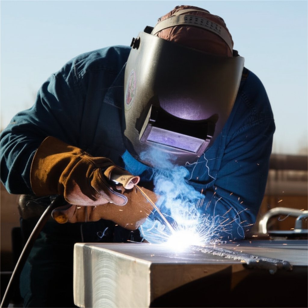 welder performing aluminium stick welding with proper safety gear and technique