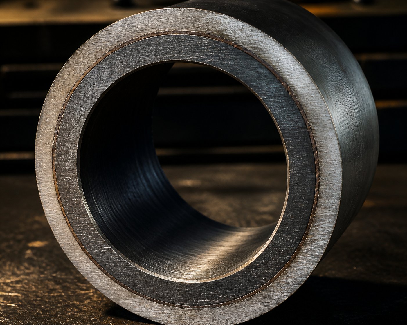 cross section of a bimetallic barrel liner showing the wear resistant inner alloy bonded to the structural steel shell
