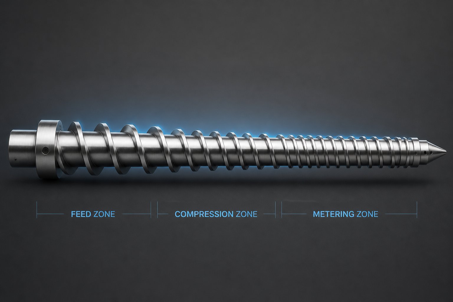 injection molding screw showing the three functional zones deep feed flights tapered compression section and shallow metering channels