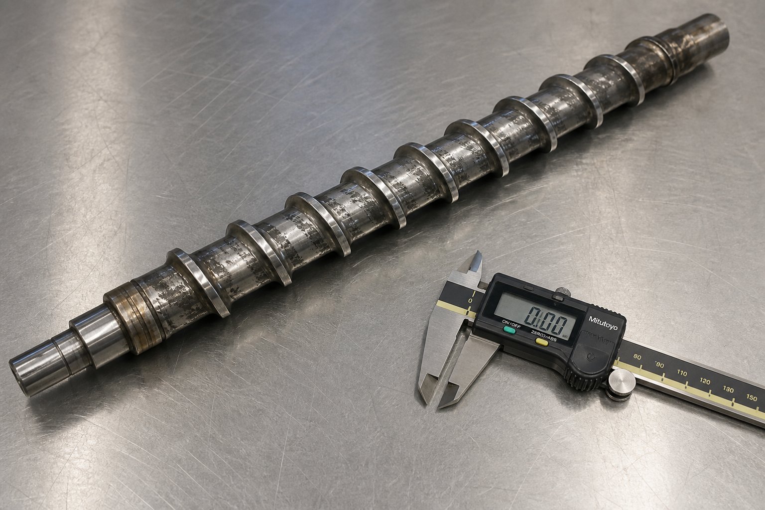 worn injection molding screw on an inspection table showing visible flight wear that causes melt quality defects