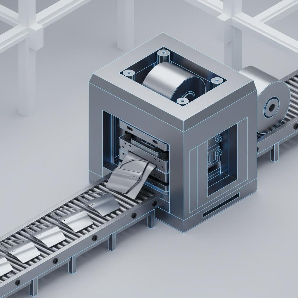 Automotive stamping line transforming sheet metal into vehicle components