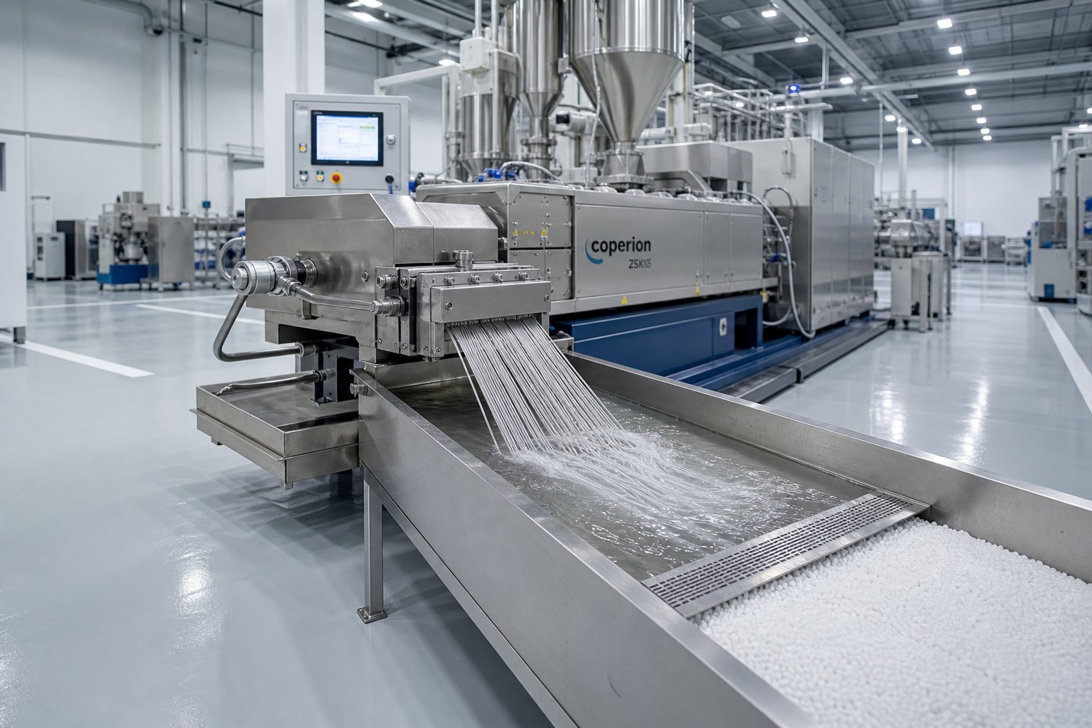 a polymer compounding production line with a parallel twin screw extruder feeding molten strands into a pelletizing system
