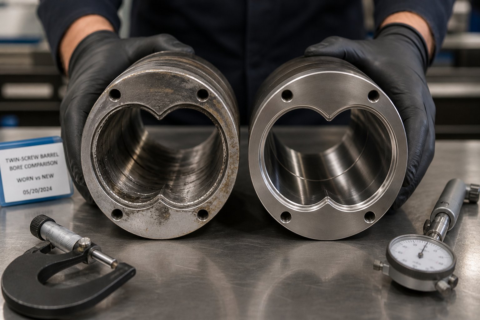 a worn twin screw barrel segment compared with a new replacement highlighting the importance of regular bore inspection and timely replacement