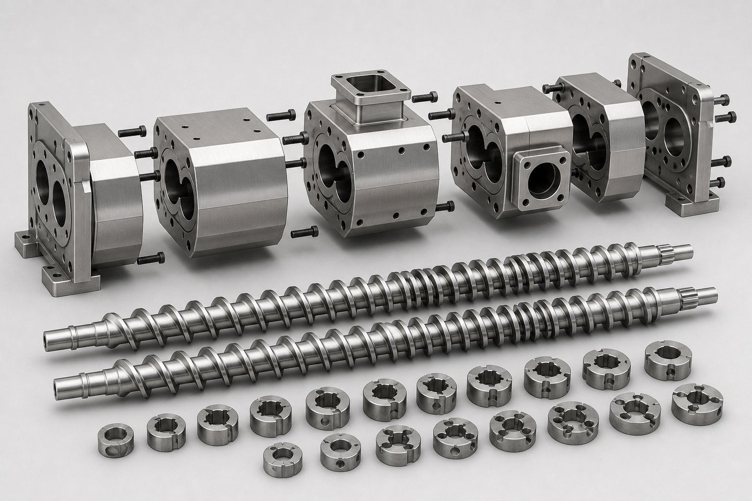 exploded view of modular barrel segments and interchangeable screw elements that define the parallel twin screw extruder's versatility