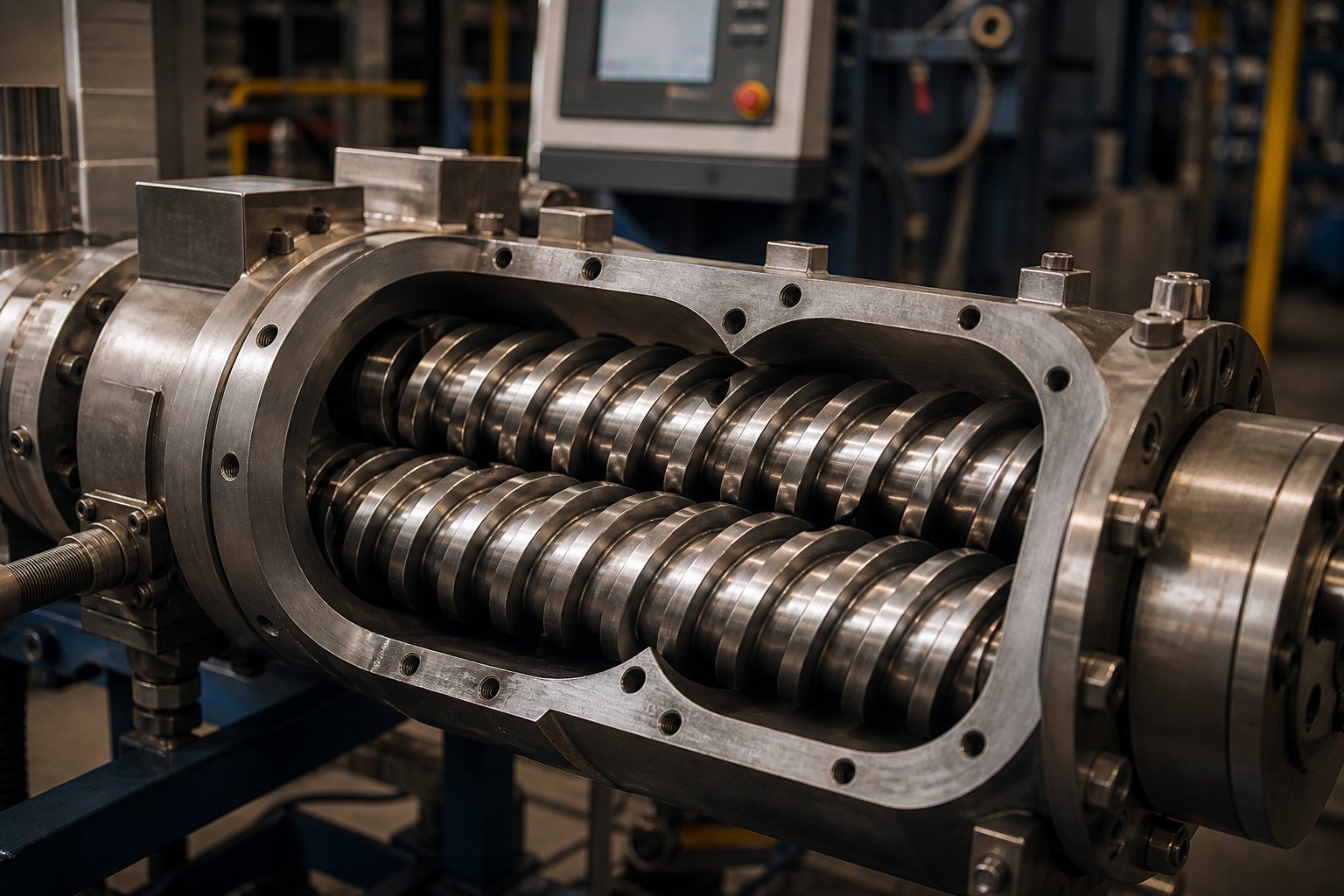two identical intermeshing screws inside a parallel twin screw extruder barrel showing the characteristic figure eight bore geometry
