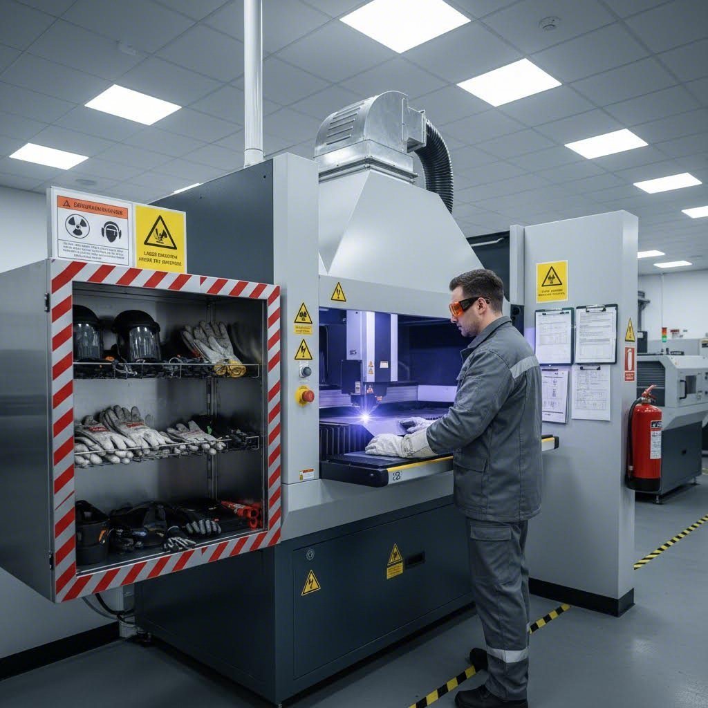 properly equipped laser cutting workstation with essential safety equipment in place