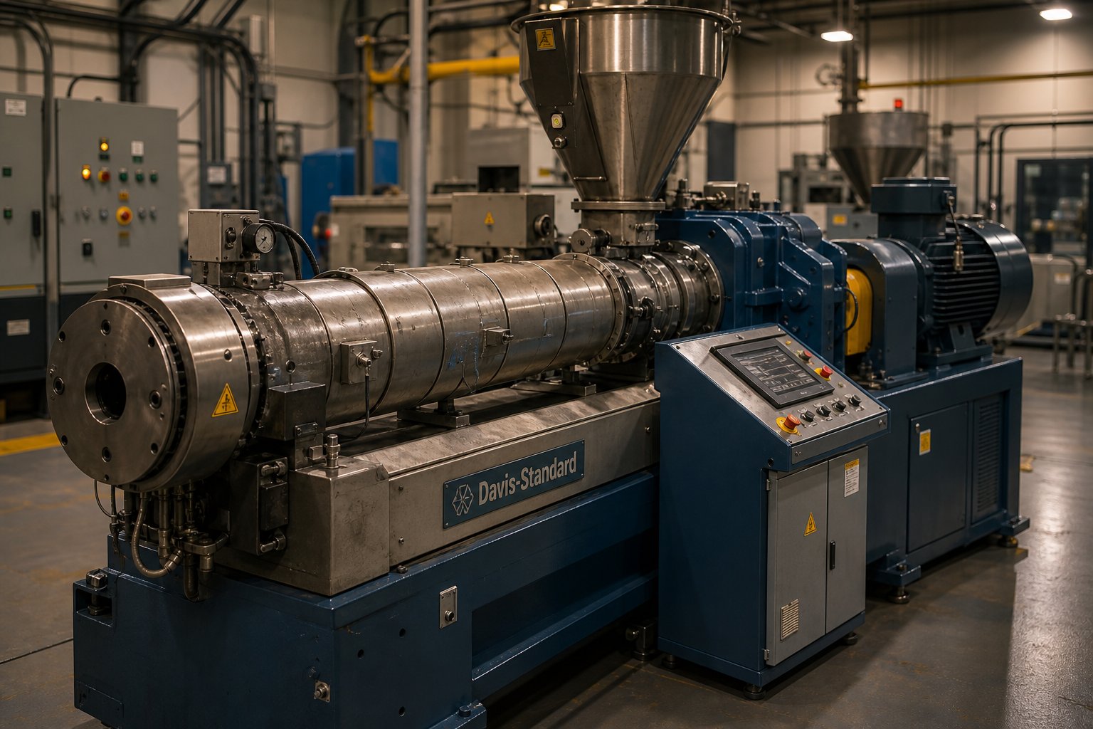 a used single screw extruder showing key components including barrel hopper drive motor and control panel