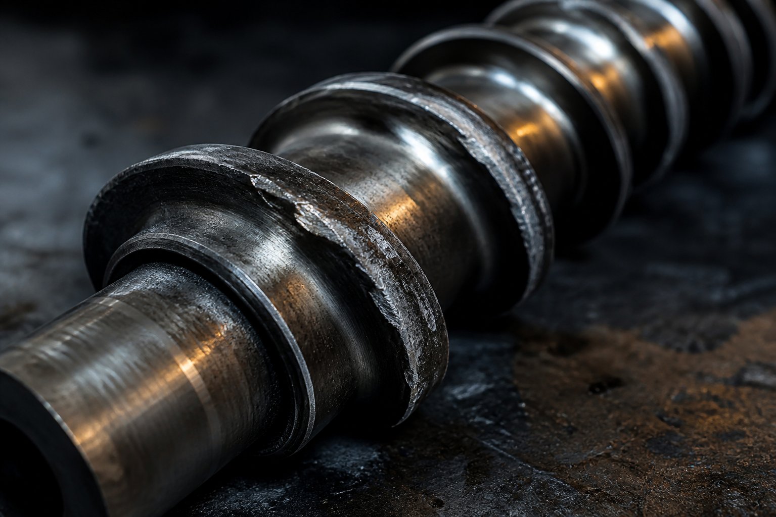 worn extruder screw flights showing progressive wear patterns that affect output quality and efficiency