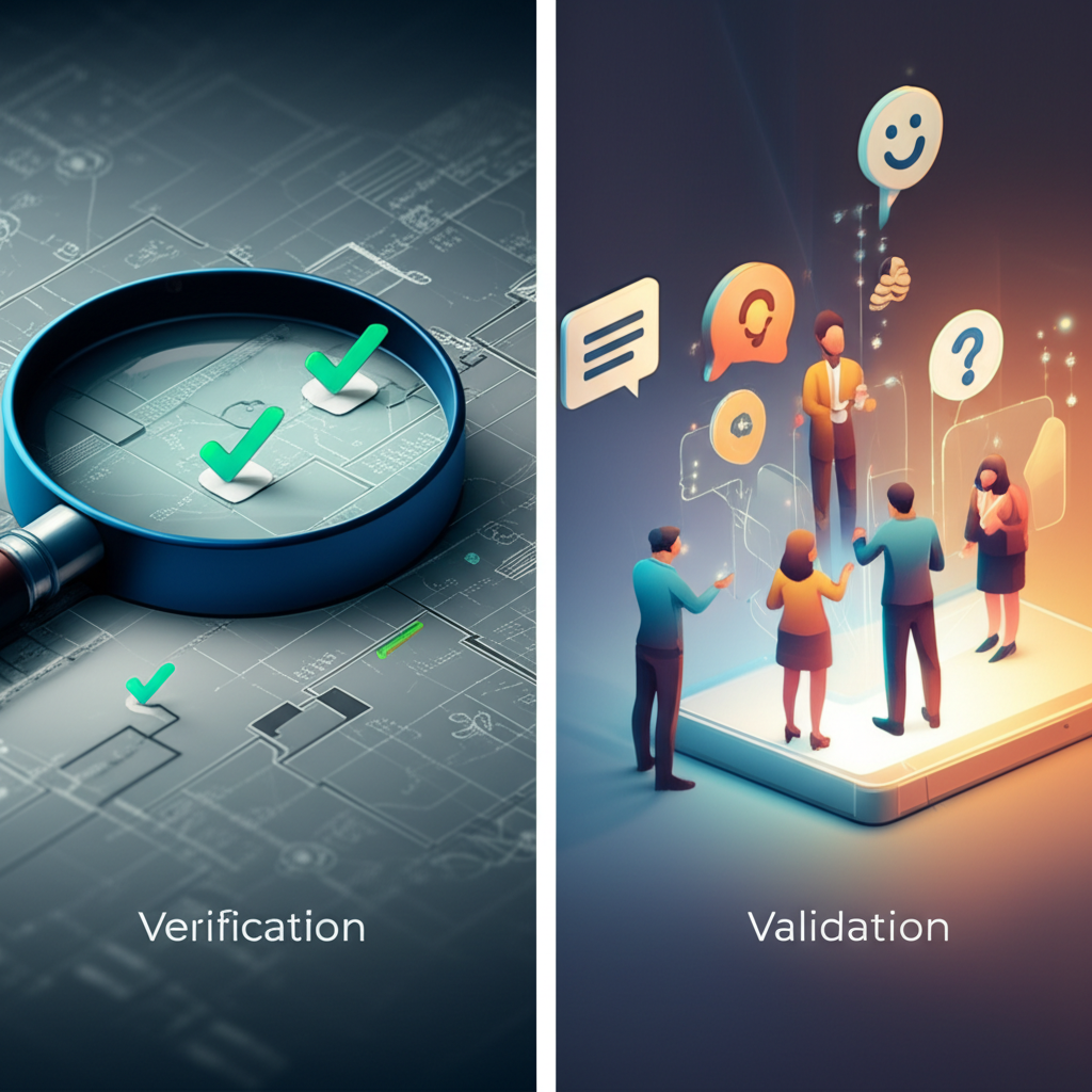 a diagram comparing design verification checking specs with design validation meeting user needs
