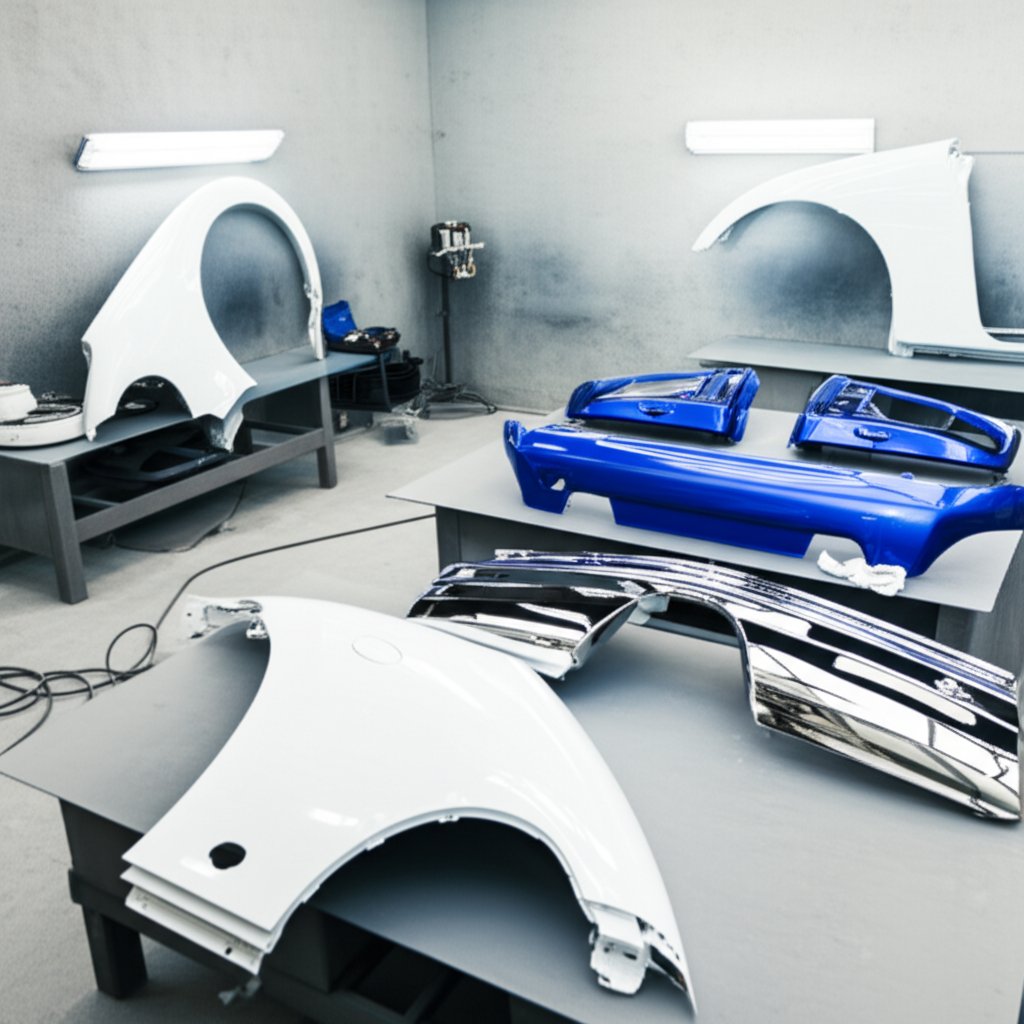 essential automotive auto body parts organized in a workshop setting