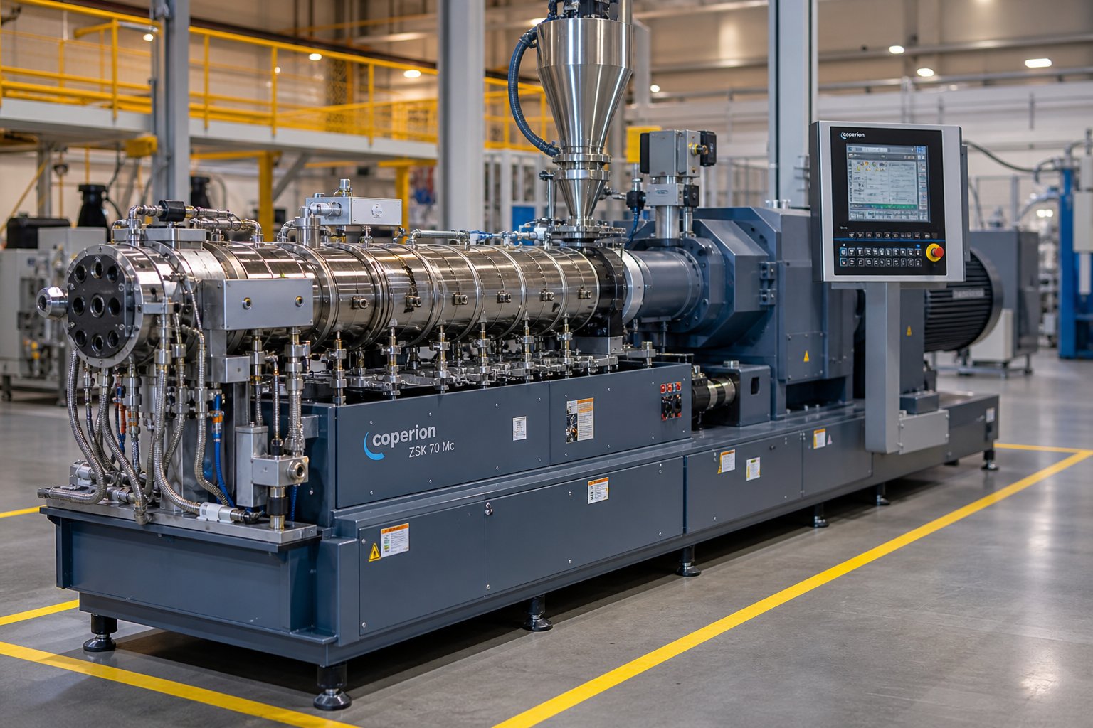 a production grade twin screw extruder on the factory floor showcasing the modular barrel and drive assembly typical of units