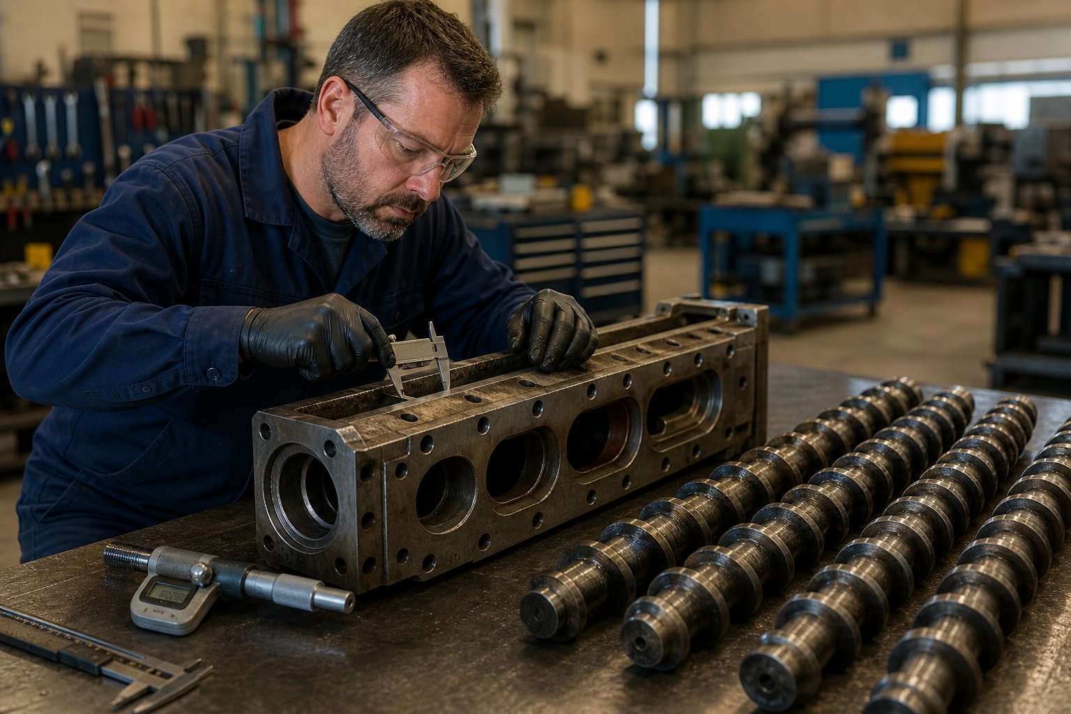 a technician inspects barrel bore dimensions and screw element wear critical steps in evaluating any used twin screw extruder before purchase