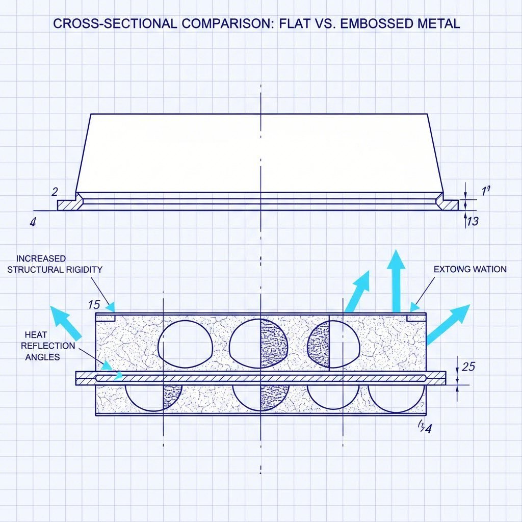 Cross section comparison of flat vs embossed heat shield stamping patterns