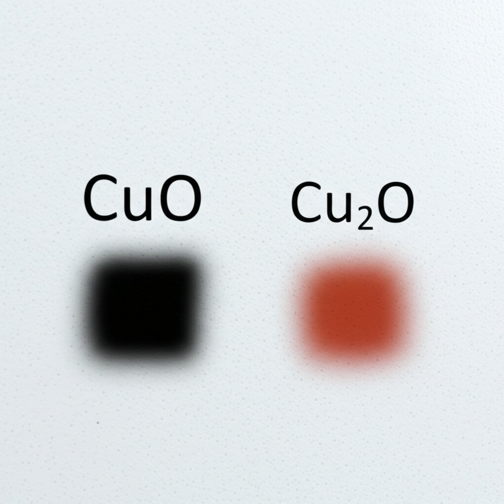 labeled chemical formulas and colors for cuo and cu2o on a scientific whiteboard