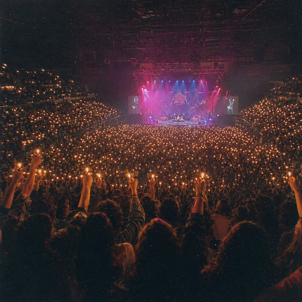a sea of lighters illuminating an 1980s arena during a rock ballad the era when power ballads dominated the charts