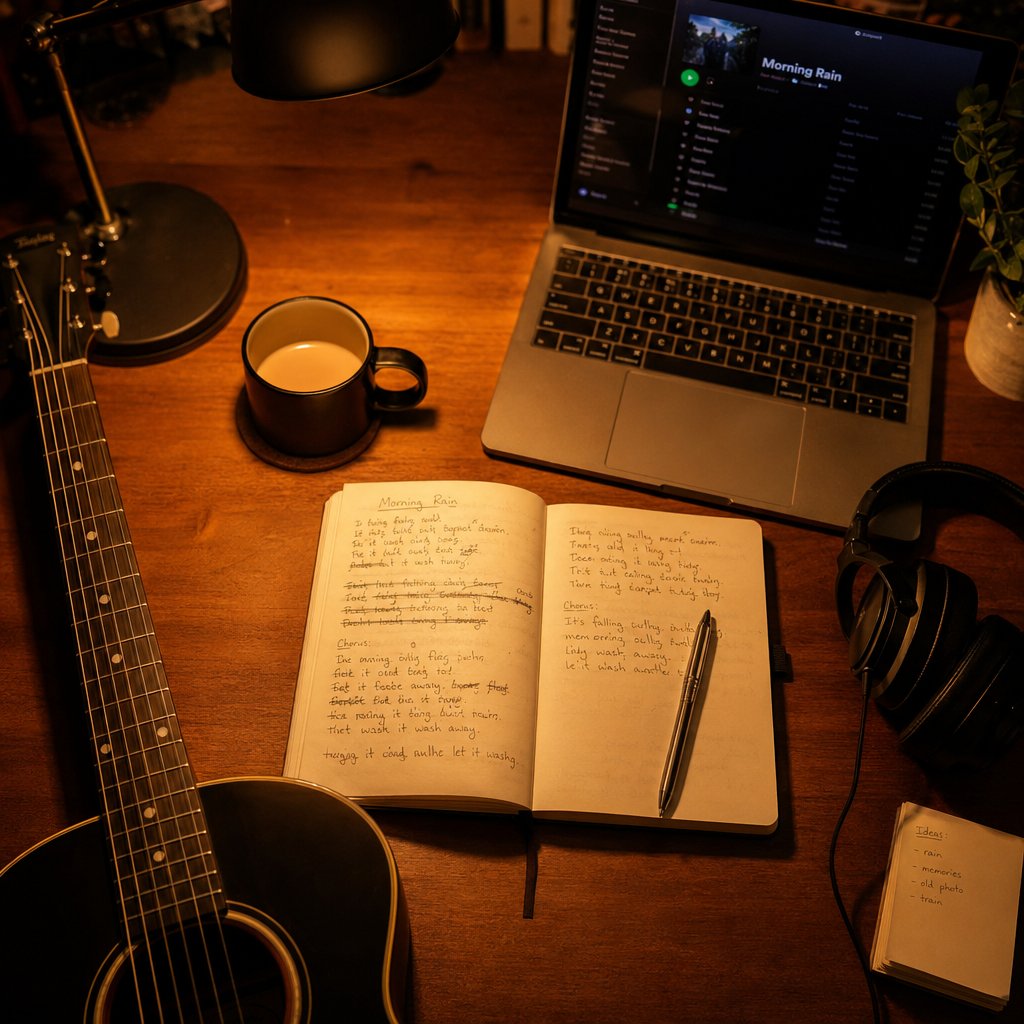 a songwriter workspace with guitar notebook and laptop the starting point for creating an original rock ballad
