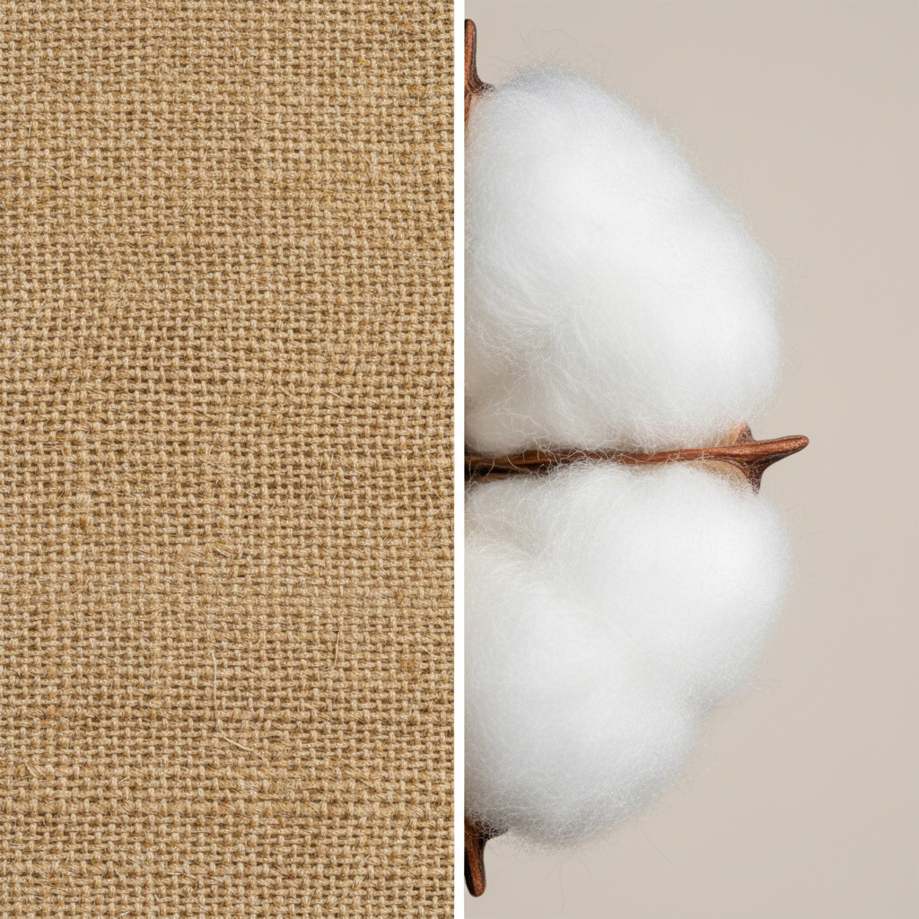 a visual comparison of the textures of rustic jute fiber and soft cotton