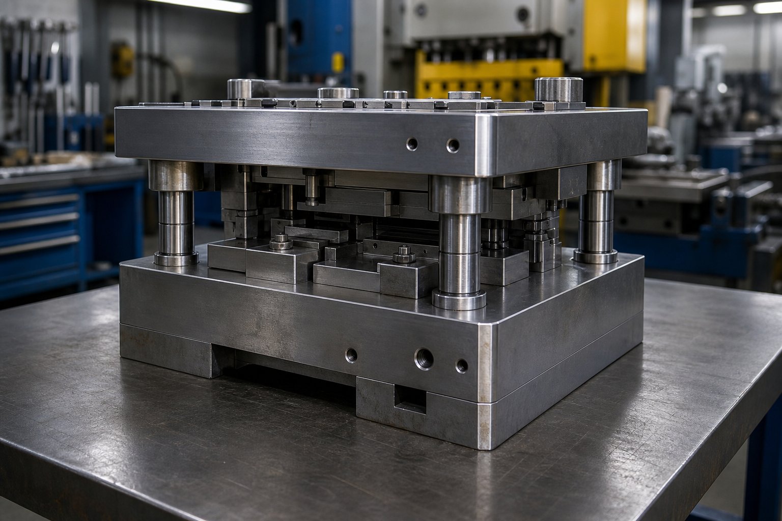 info-1-1 a precision metal stamping die set with upper and lower die shoes connected by guide pins for accurate press alignment